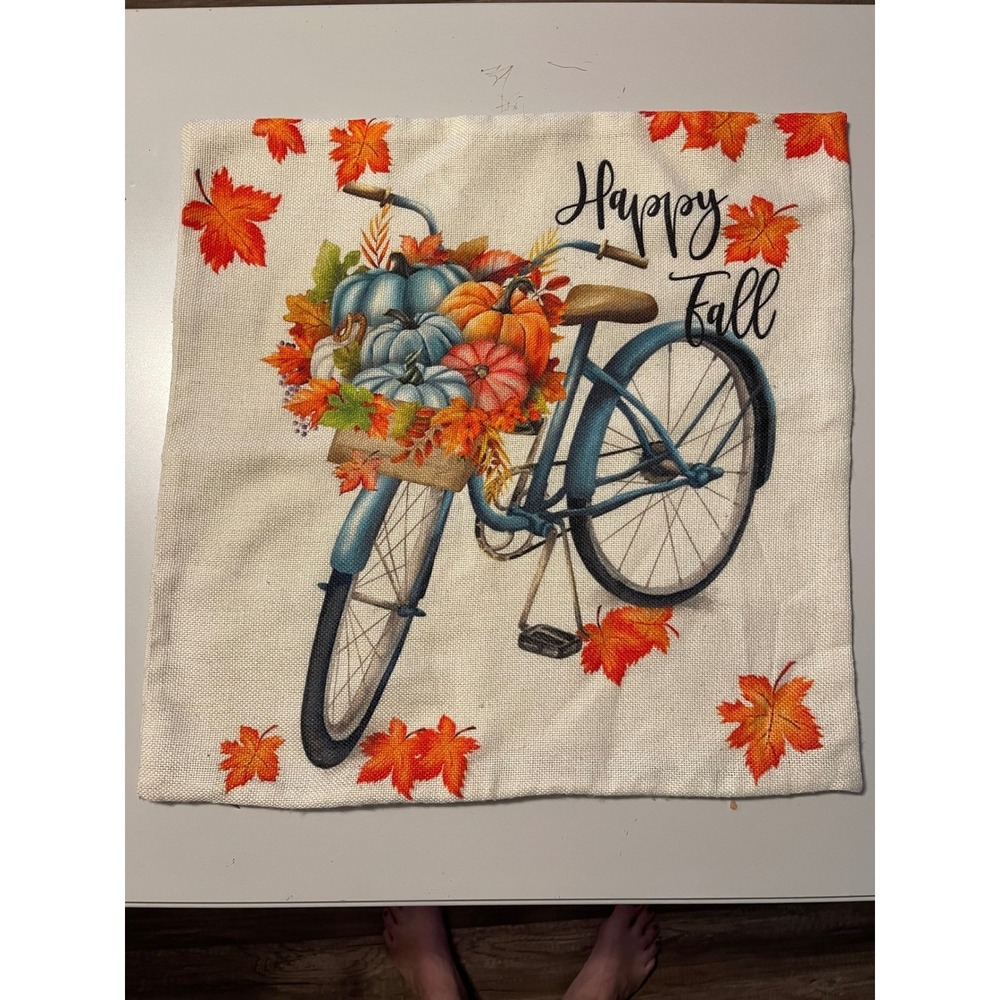 Throw Pillow Cover Unisex 18x18 Beige Excellent Happy Fall Bicycle